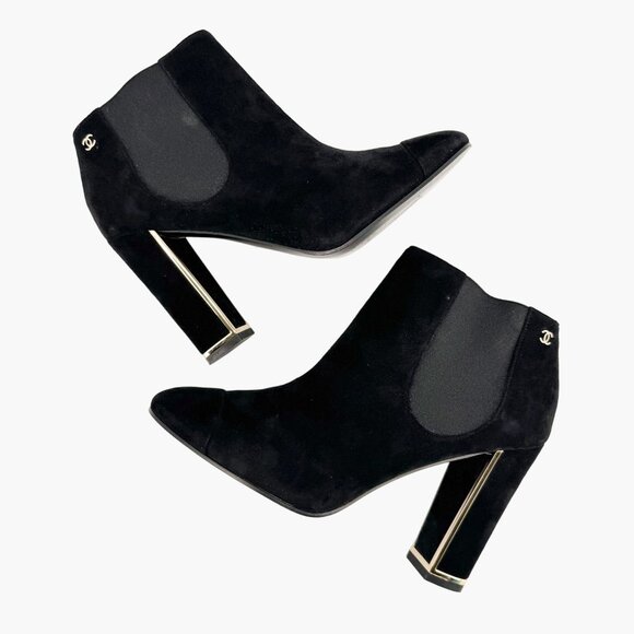 Chanel Cap Toe Ankle Boots EU 39 US 8-8.5 Black Suede Block Heel Chelsea Booties - Picture 7 of 13